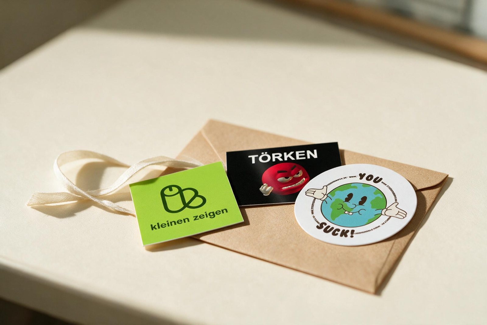 Drei Sticker neben einem Kraftpapier-Umschlag mit Band, bereit zum Verschenken