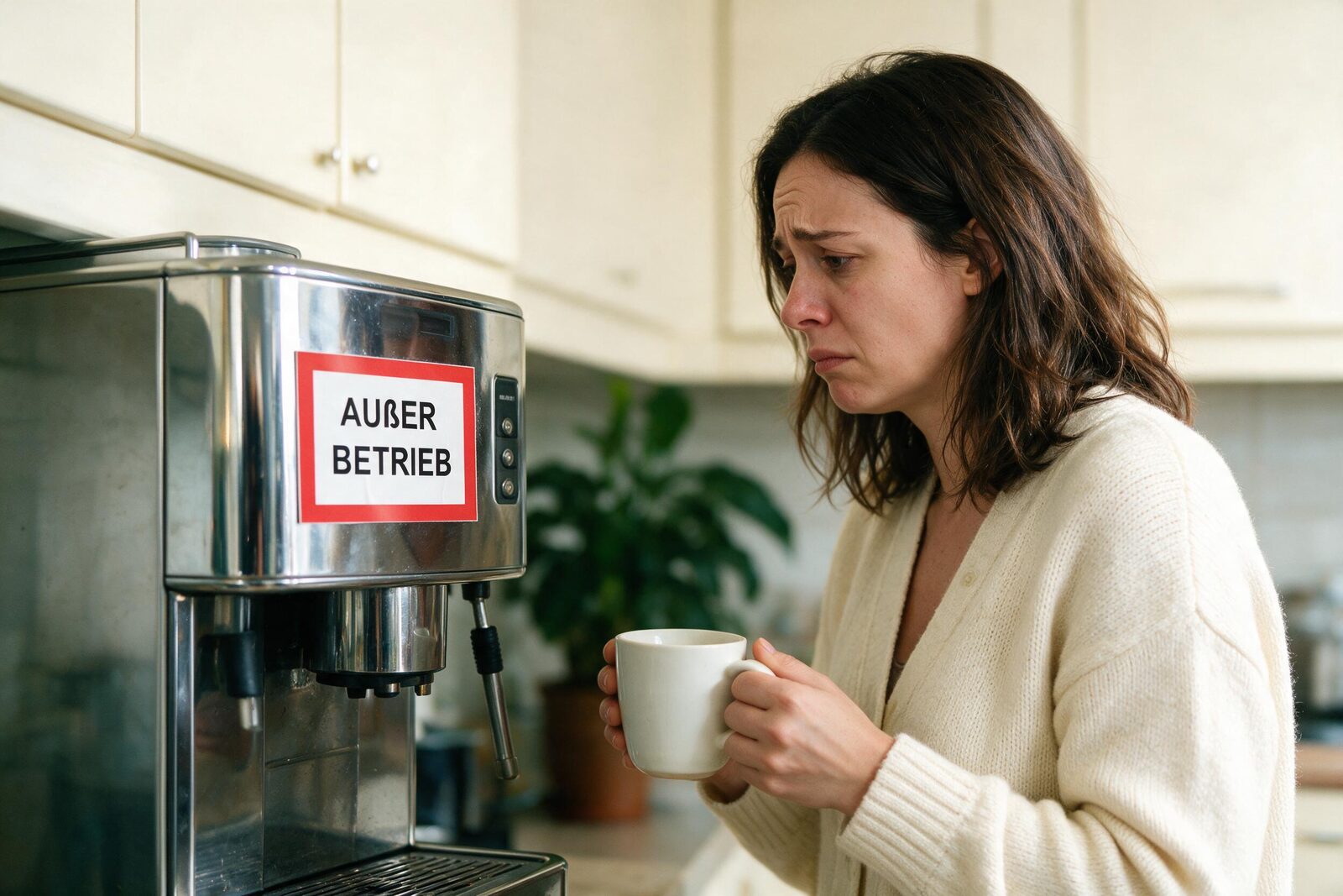 Frau steht enttäuscht mit leerer Tasse vor der Kaffeemaschine mit Außer-Betrieb-Sticker