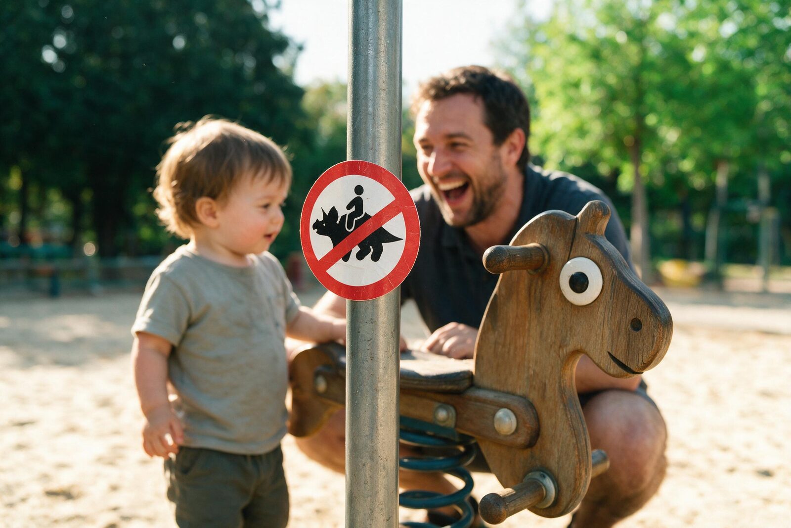 Verbotsschild-Sticker am Pfosten neben einem Federtier auf dem Spielplatz