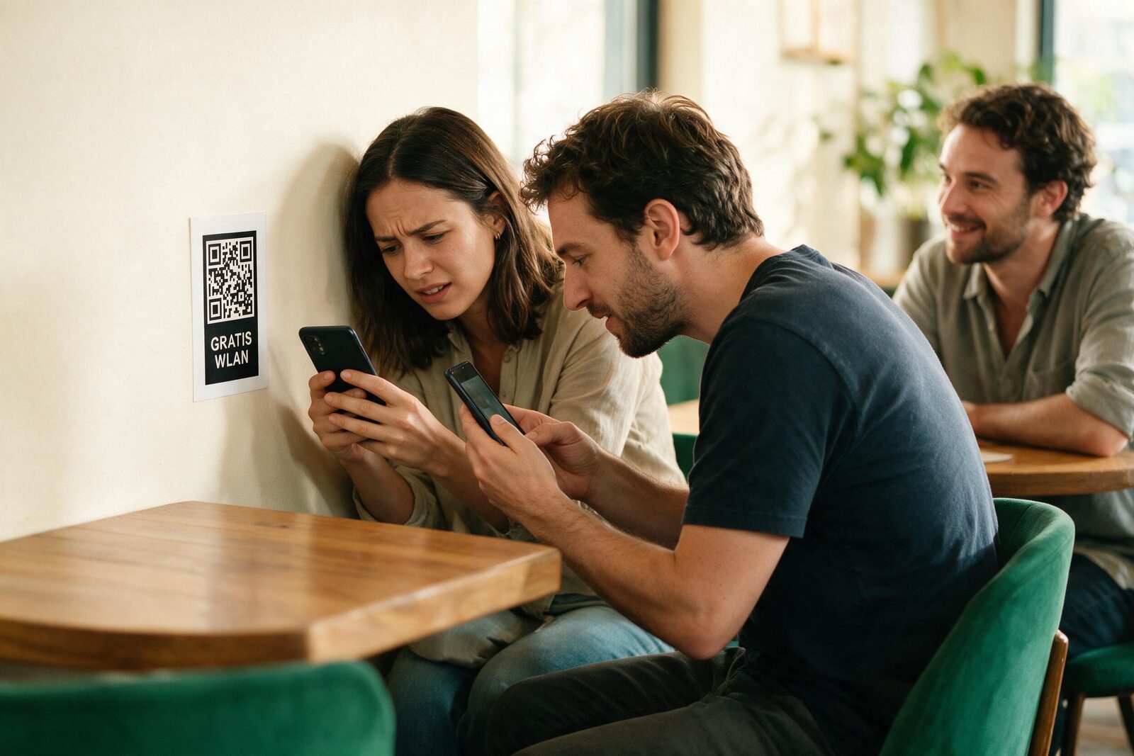 Café-Gäste scannen den QR-Code des Free-WiFi-Stickers an der Wand