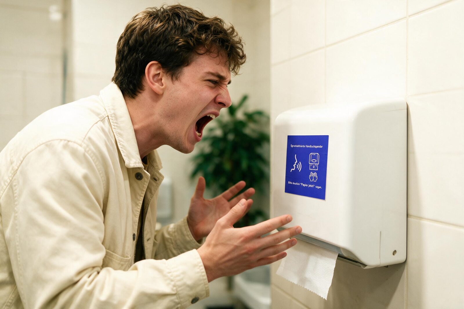 Mann brüllt einen Papierhandtuchspender an, auf dem der Sticker klebt