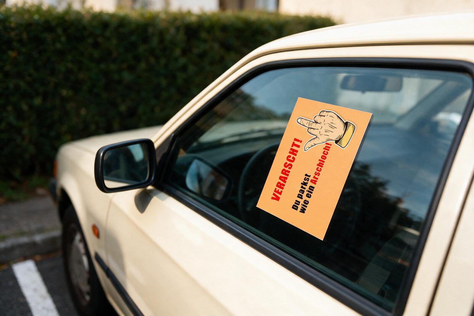 Schräg über zwei Parkplätze geparktes Auto mit dem Sticker auf der Seitenscheibe